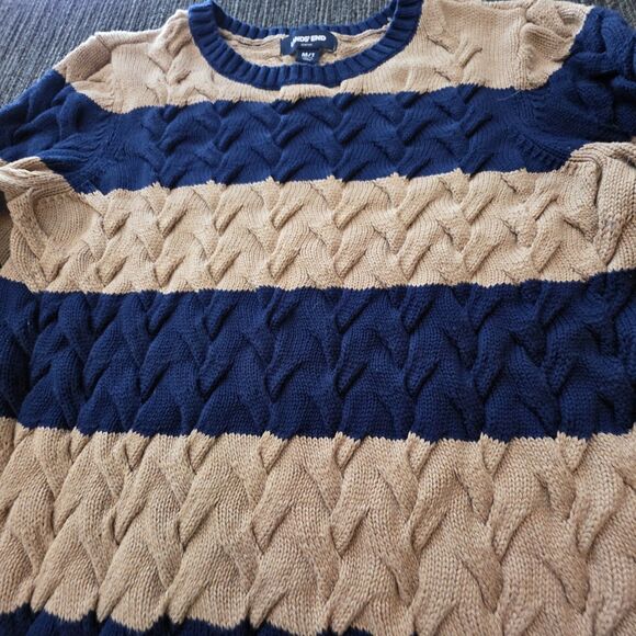Lands' End Size Medium Tall Crew Neck Stripe Sweater Chunky Blue Tan Fall School - Picture 3 of 8